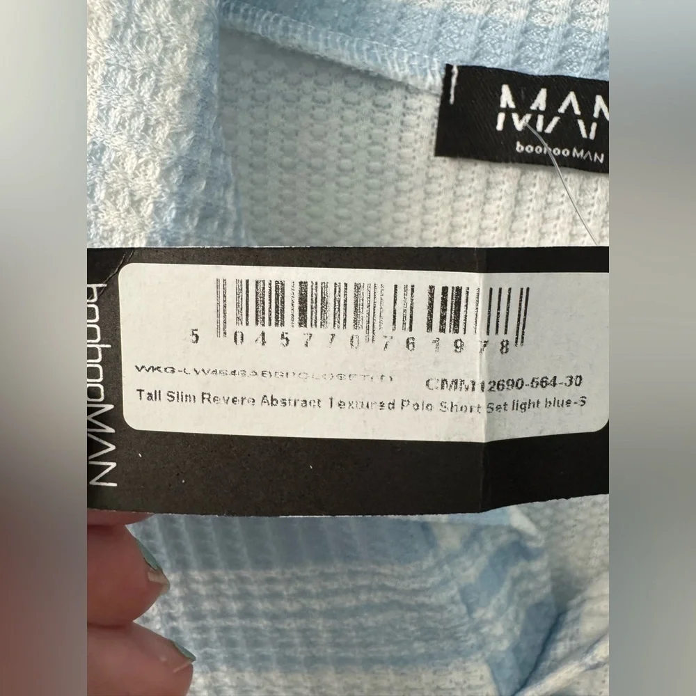 BoohooMAN Tall Slim Revere Abstract Textured Polo Short Set light blue-S